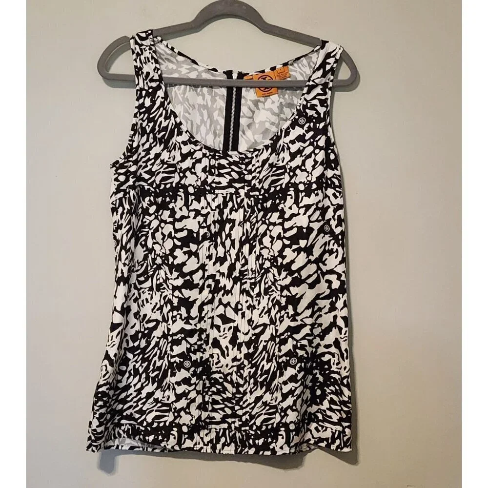 Tory Burch Top  Blouse Women Size 8 Black White Abstract Print Silk Sleeveless